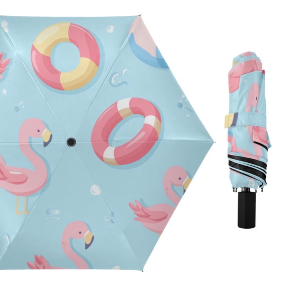 Cute Flamingos Swim Circles Balls All Weather Umbrella Triple Folding Parasol 6 Ribs UV Protection Portable