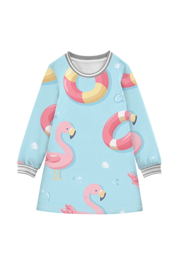 Cute Flamingos Swim Circles Balls Long-sleeved Dress A-line One-Piece Dress for 2-8 Years Casual Party 2T