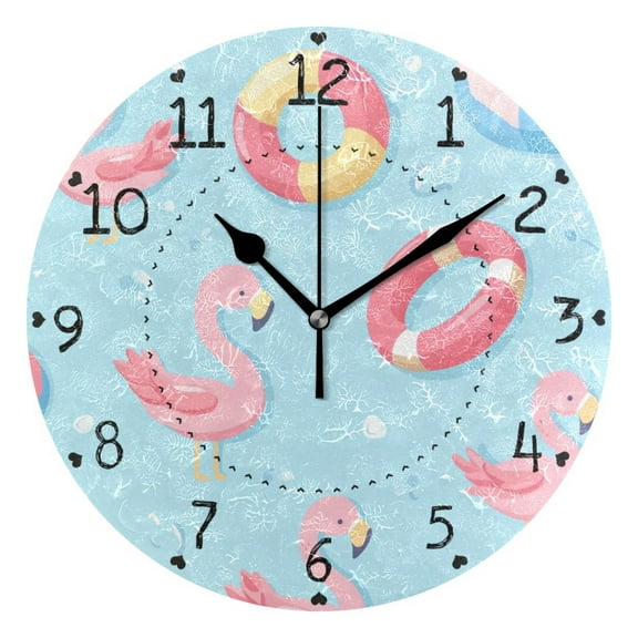 Cute Flamingos Swim Circles Balls Round Wall Clock Silent Analog Battery Operated Black Pointer Home Decor 9.84" Diameter