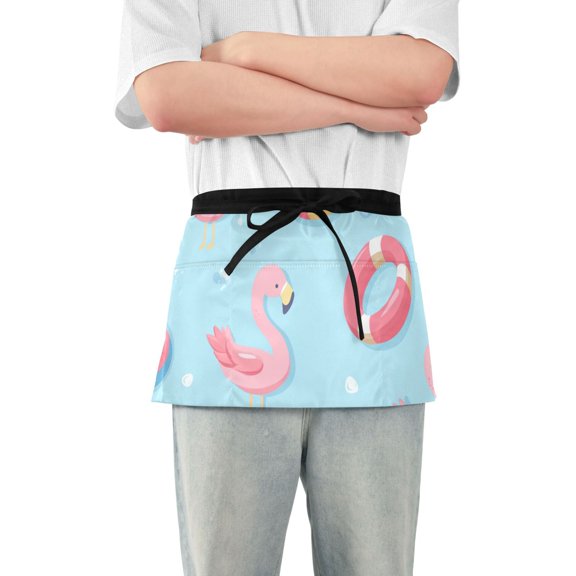 Cute Flamingos Swim Circles Balls Short Server Apron with 3 Pockets for Unisex Chef Gardening