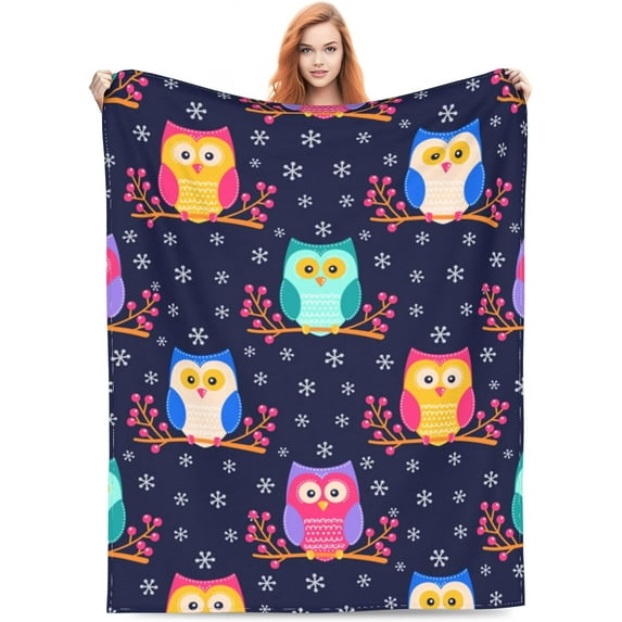 Cute Flat Owl Blanket Gifts for Women for Living Room Bedding Couch Soft Warm Lightweight Cozy Throw Doodle Birds Sitting on Berries Blankets Farmhouse Decor 60x80in All Seasons