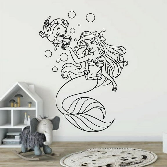 Cute Flaunder Fish And Ariel Disney Princess The Little Mermaid Cute Best Friends Little Mermaid Vinyl Wall Art Sticker Decal Home Room Baby Girls Teens Mermaid Wall Décor Design Size (10x10 inch)