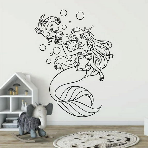 Cute Flaunder Fish And Ariel Disney Princess The Little Mermaid Cute Best Friends Little Mermaid Vinyl Wall Art Sticker Decal Home Room Baby Girls Teens Mermaid Wall Décor Design Size (40x40 inch)