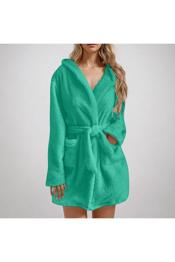 Cute Fleece Hooded Robe for Women Soft Warm Mid-Length Bathrobe Fall Winter Sleepwear Loungewear with Pockets New Womens Lightweight Sleep Shirts Mint Green 3XL