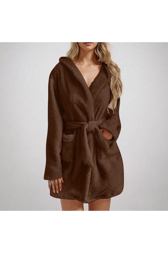 Cute Fleece Hooded Robe for Women Soft Warm Mid-Length Bathrobe Fall Winter Sleepwear Loungewear with Pockets New Sleep Dress for Women Brown M
