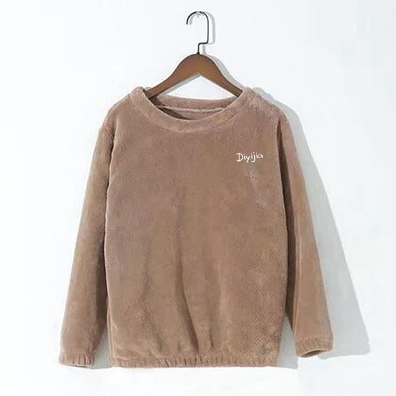 Cute Fleece Pajama Tops for Women Soft Warm Pullover Sleepwear Long Sleeve Casual Loose Fuzzy Loungewear New Khaki M