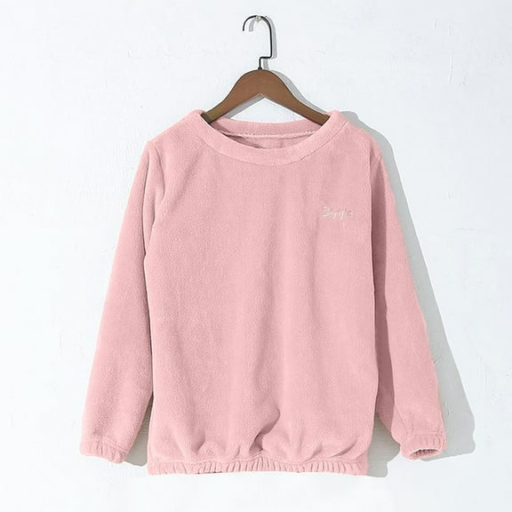 Cute Fleece Pajama Tops for Women Soft Warm Pullover Sleepwear Long Sleeve Casual Loose Fuzzy Loungewear New Pinky M
