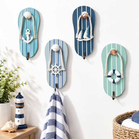 Cute Flip Flop Wooden Wall Hooks, Beach-Themed Decor for Bathroom and Poolside