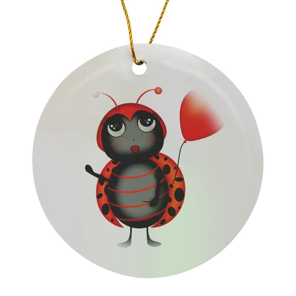 3drose, Cute Flirty Orange and Black Lady Bug with a Balloon Illustration, Circle Porcelain Ornament