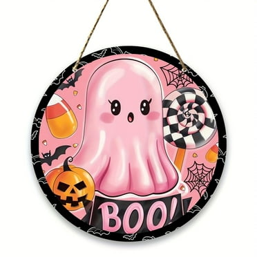 Cute Floating Ghost Round Wooden Hanging Sign, Front Door Window Wall Decor for Indoor Outdoor Home Seasonal Decoration