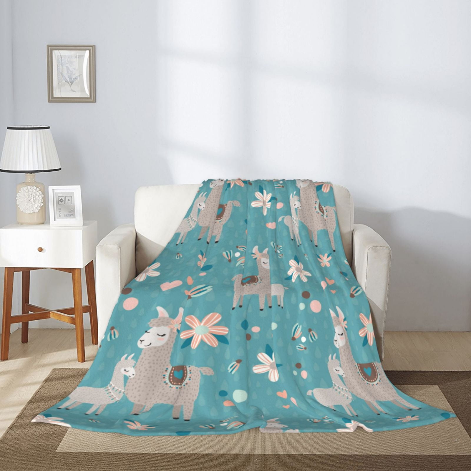Cute Floral Alpaca Throw Blanket for Couch Sofa and Bed, Super Soft