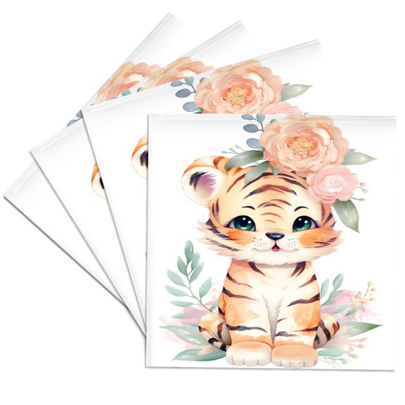 3drose, Cute Floral Baby Tiger Illustration, Set of 4 Ceramic Tile Coasters