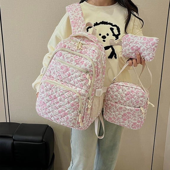 Cute Floral Backpack Coquette Quilted Back Pack 3pcs Daypack Quilted Floral Backpack Pink