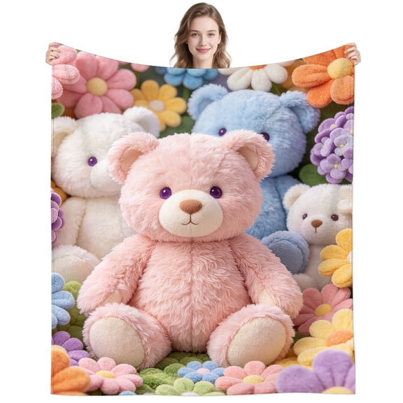 Cute Floral Bear Blanket Gifts for Men Women Adults Soft Cozy Colorful Cartoon Flowers Bears Throw Blankets for Couch Bedding Home Decor 50x40 Inch