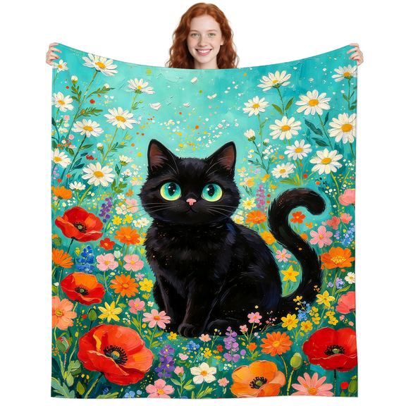 Cute Floral Black Cat Blanket Gifts for Women Cat Lovers Men,Soft Cozy Funny Black Cats Throw Blankets for Coach Bed Sofa 50x40 Inch