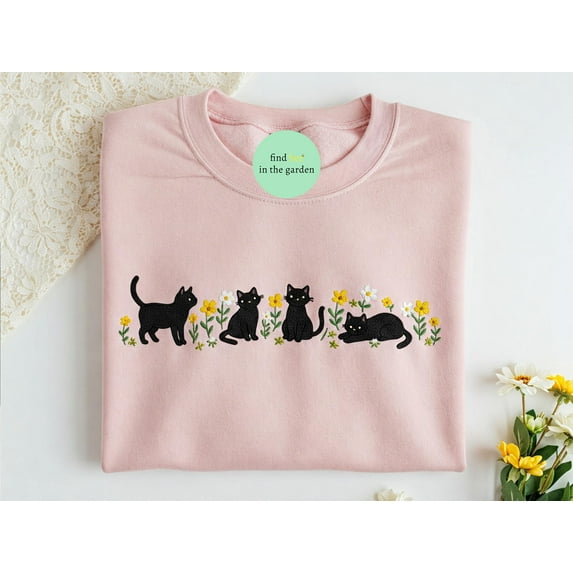 Cute Floral Black Cat Embroidered Sweatshirt, Four Cats with Flower Crewneck, Kitten Hoodie, Cottagecore Cat Mom Shirt, Floral Kitten Tee