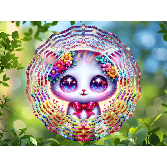 Cute Floral Cat 3D Wind Spinner, Kinetic Stainless Steel Hanging Garden Pet Lover Decor