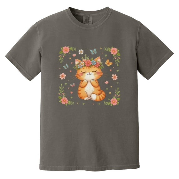 Cute Floral Cat Nature Lover Orange Kitten Botanical Comfort Color T-Shirt, Unisex, up to size 4XL