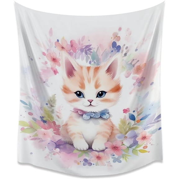 Cute Floral Cat Tapestry Trendy Preppy Y2k Kitty Aesthetic Tapestries Modern Abstract Pastel Boho Animals Wall Hanging for Bedroom College Dorm Living Room Wall Decorwhite30x40inch