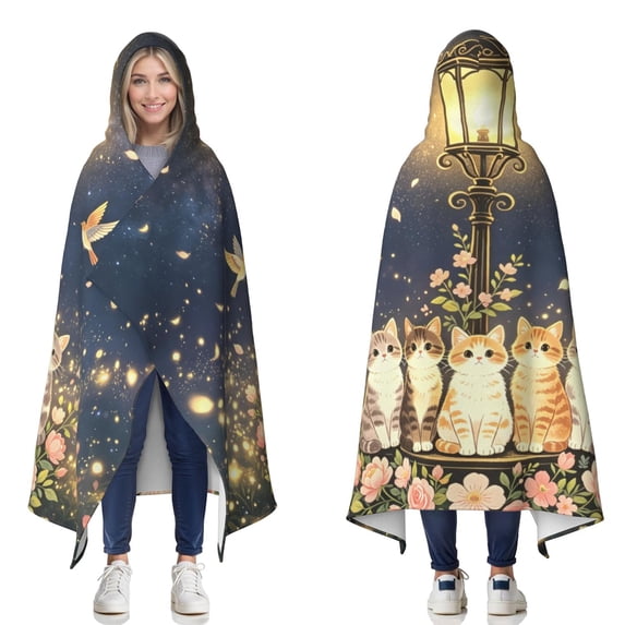 Cute Floral Cat Wearable Blanket Hoodies for Women Men Adults Cat Lovers Cozy Warm Beautiful Firefly Birds Cats Hooded Blankets for Home Couch Decor 60x80 Inch