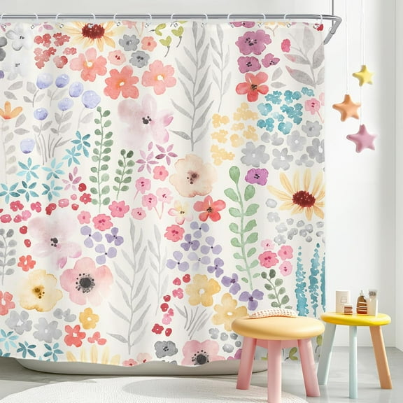 Cute Floral Colorful Shower Curtain,Spring Boho Kids Girls Girly Wildflower Pink Watercolor Fabric Cloth Bathroom Curtains,Funky Trendy Plant Bathroom Decor Set with Hooks 60x72 Inch