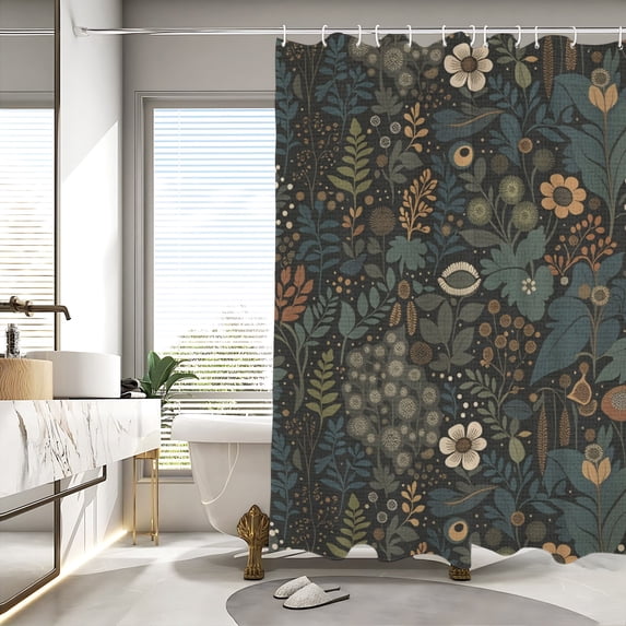 Shower Curtain 72x72 Inch, Dark Floral Botanical Bathroom Curtain, Waterproof Fabric with Hooks, Vintage Moody Bathroom Decor