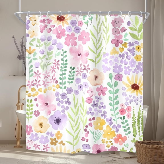 Cute Floral Colorful Shower Curtain,Spring Boho Kids Girls Girly Wildflower Pink Watercolor Fabric Cloth Bathroom Curtains,Funky Trendy Plant Bathroom Decor Set with Hooks 60x72 Inch