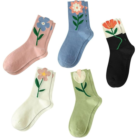 Cute Floral Cotton Socks for Women and Girls, Vintage Patterned Crew Novelty Fun Fashion Tulip Casual Socks