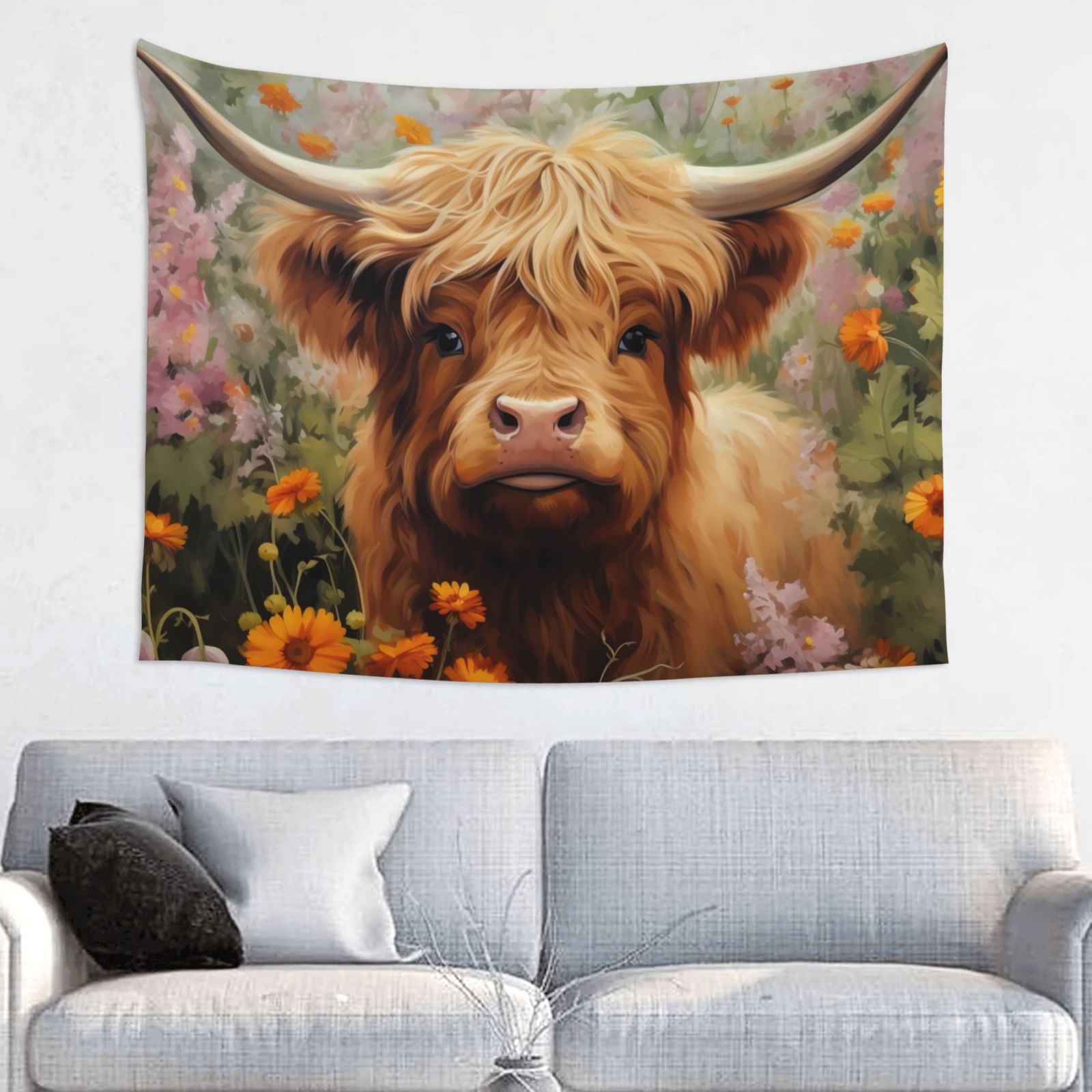 Cute Floral Cow Wall Tapestry for Bedroom Aesthetic Tapestry Aesthetic Wall Hanging Backdrop