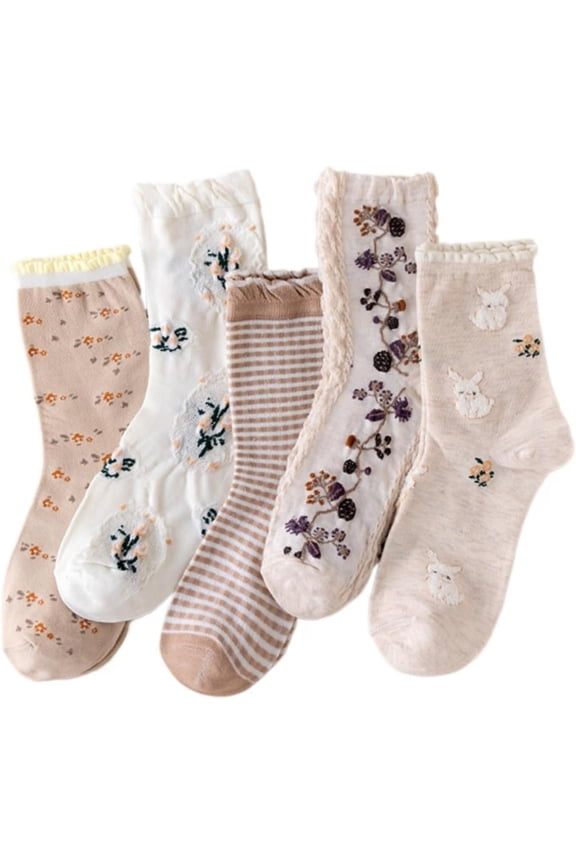 Cute Floral Crew Socks for Women Retro-inspired Bunny Embroidery Frilly Vintage Fancy Cotton Socks