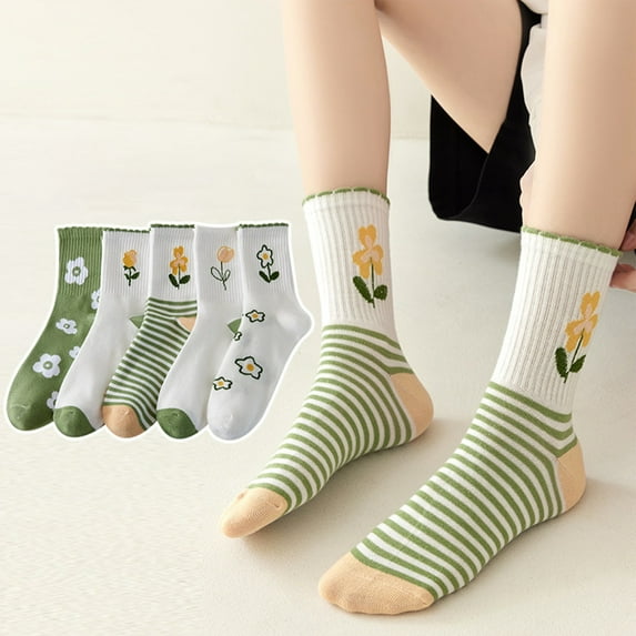 Cute Floral Crew Socks for Women Teen Girls Flower Cottagecore Frilly Vintage Fancy Cotton Socks 5 Pairs