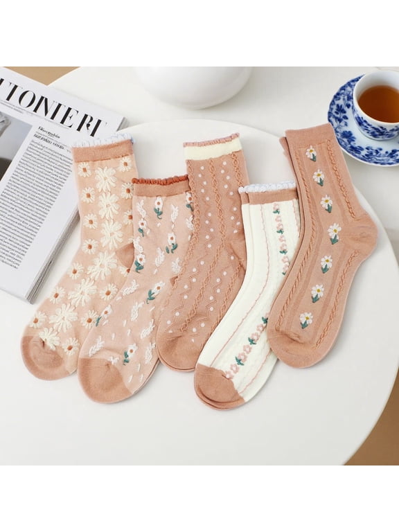 Cute Floral Crew Socks for Women Teen Girls Flower Cottagecore Frilly Vintage Fancy Cotton Socks