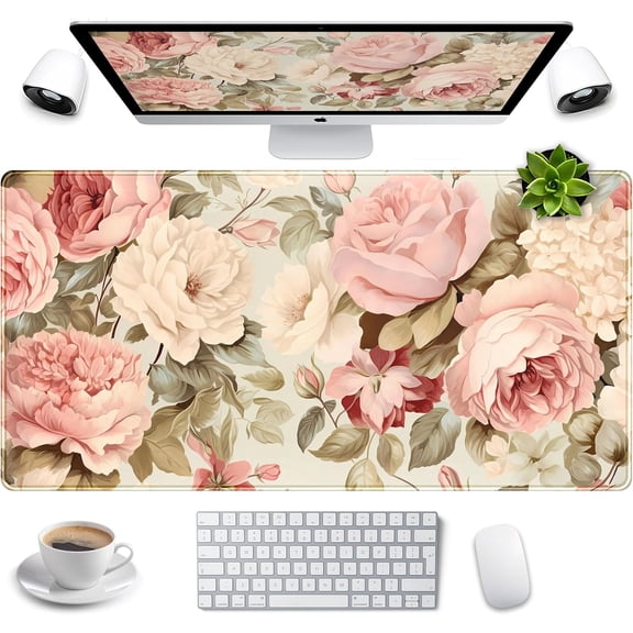 Cute Floral Desk Mat Pastel Roses Gaming Mouse Pad XXL Large Extended Flowers Desk Pad, Laptop Keyboard and Mouse Mat with Stitched Edges, Women Computer Desktop Mat Gamer Playmat 31.5x15.7 in