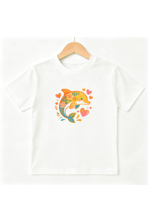 Cute Floral Dolphin Girls Graphic Tee, Sweet Tropical Sea Animal 100% Cotton Kids Short Sleeve T-Shirt
