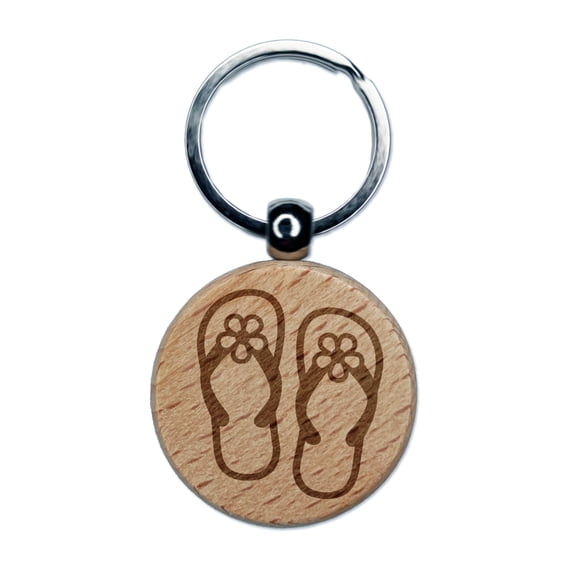 Cute Floral Flip Flop Sandals Round Keychain Charm Tag - Engraved Wood