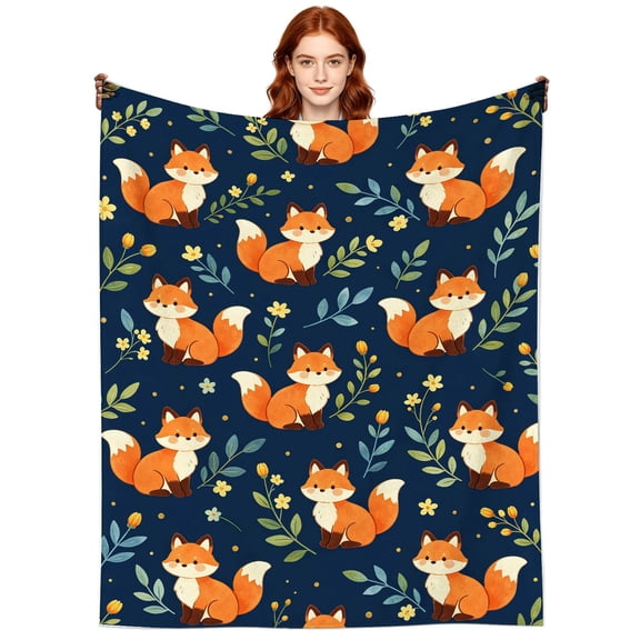 Cute Floral Fox Blanket Gifts for Women Men Adults Fox Lovers,Warm Soft Cartoon Foxes Throw Blankets for Sofa Couch Home Decor 50x40 Inch