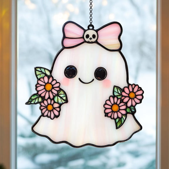 Cute Floral Ghost Acrylic Window Hanging Faux Stained Glass Suncatcher Pastel Bow Spooky Kawaii Halloween Nursery Room Gift Idea