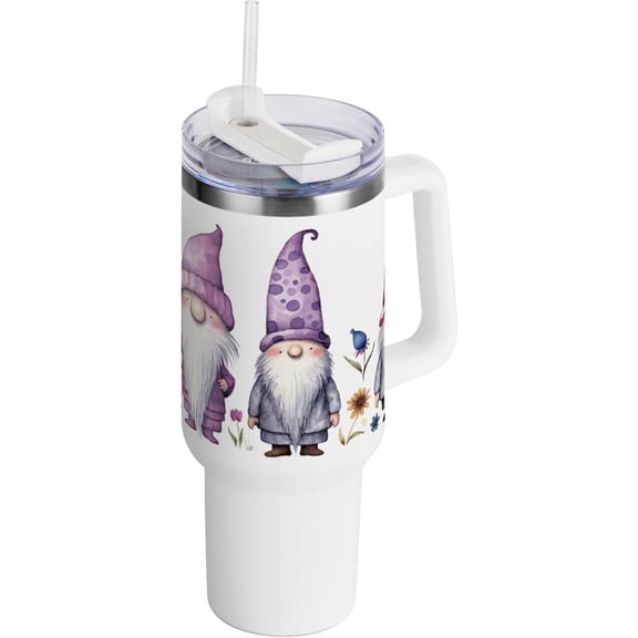 Cute Floral Gnomes 40 oz Stainless Steel Vacuum Insulated Tumbler with Handle and Straw Lid Reusable Leakproof Water Bottle Double Wall Travel Mug Coffee Cup, Cupholder Friendly