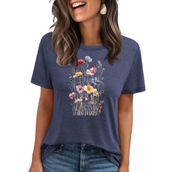 Cute Floral Graphic Tees for Women Vintage Floral Shirts Boho Wildflowers T-Shirt Summer Short Sleeve Crew Neck Tops Casual Tshirts Graphic Tee Shirts