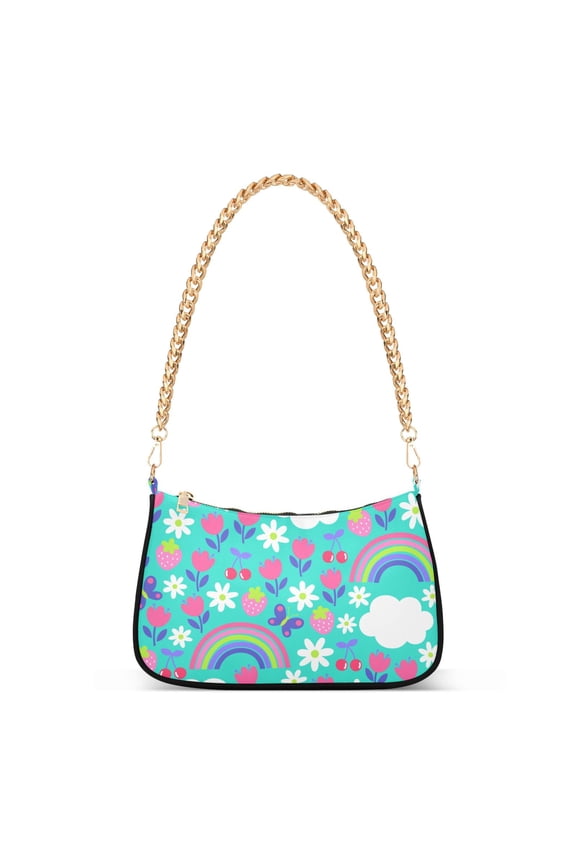 Cute Floral Green Fruit Rainbow and Cloud Womens Chain Shoulder Bag Tote Handbag Clutch Hobo Purse with Zipper for Travel Casual