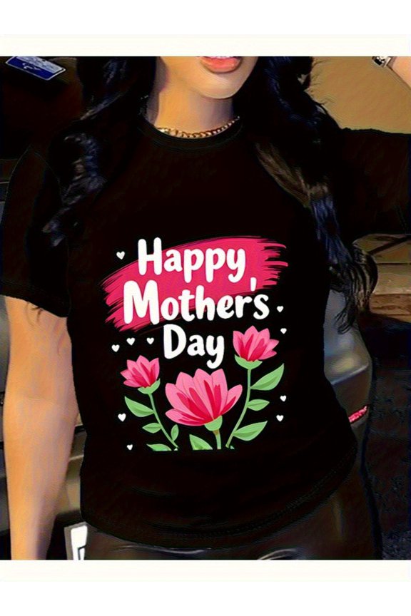 Cute Floral Happy Mother's Day T-Shirt for Women, Festive Pink Flower Mom Appreciation Tee, Thoughtful Present for Mama Celebration