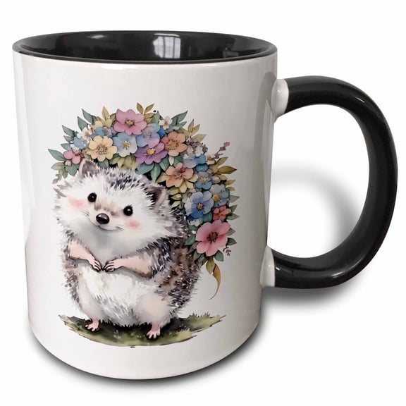 3drose, Cute Floral Hedgehog Illustration, 11oz Two-tone Black Mug