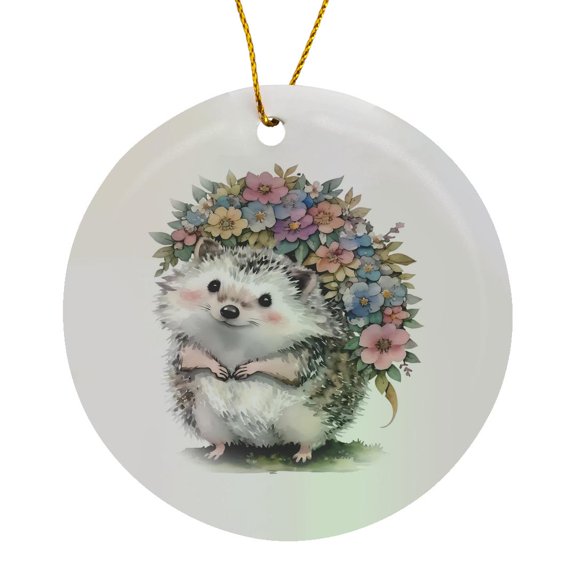 3drose, Cute Floral Hedgehog Illustration, Circle Porcelain Ornament