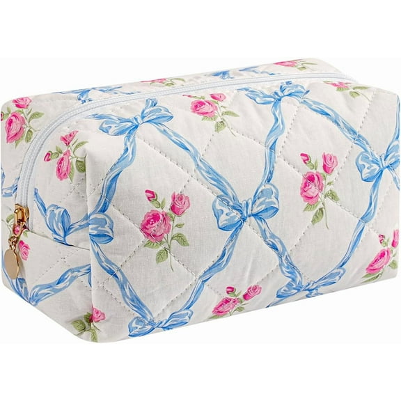 Cute Floral Makeup Bag, Quilted Makeup Bag for Women Girls, Travel Floral Cosmetic Bag Zipper Make Up Pouch, Flowers Toiletry Organizer Bag Travel Toiletry Bag