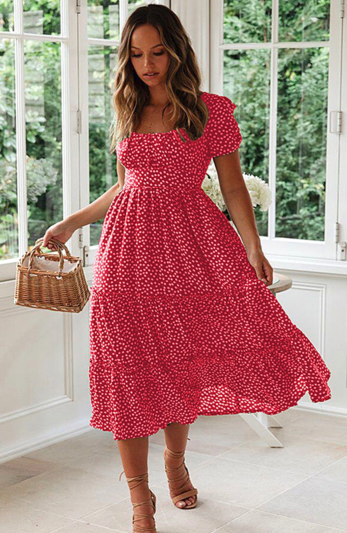 walmart floral midi dress AKOEE Women's Floral Midi Dress Square Neck Short Sleeve Holiday Vacation Tiered Dress Casual Summer Flowy Sundress (M, Gray-Solid), Size: Medium