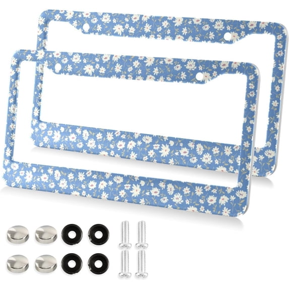 Cute Floral Pattern License Plate Frame - 2 Pack Universal Stainless Steel License Plate Holder with Screws & Chrome Caps, 2 Holes Car License Plate Cover for US Vehicles Home Decor