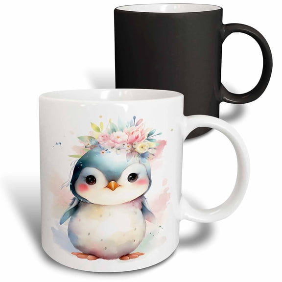 3drose, Cute Floral Penguin Illustration, 11oz Magic Transforming Mug