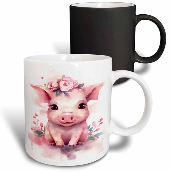 3drose, Cute Floral Pink Pig Illustration, 11oz Magic Transforming Mug