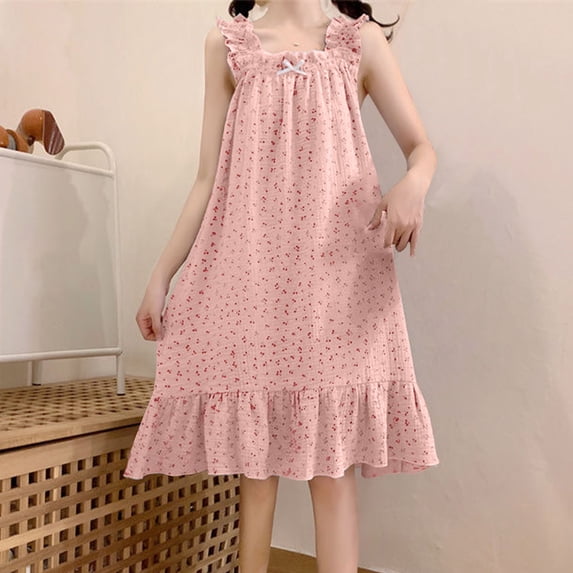 Cute Floral Print Nightgown Womens Ruffle Strap Bow Soft Midi Pajamas Dress Flowy Sleepshirts M