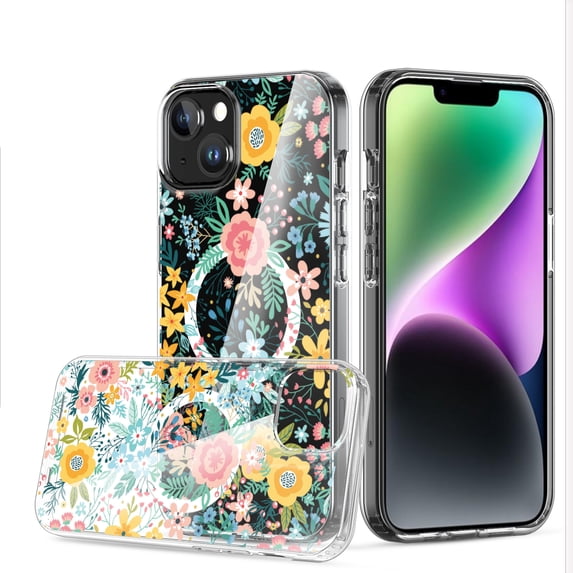 Cute Floral Print Scratch Resistant Clear Back Cover Case for iPhone 14/13, Compatible with MagSafe Magnetic Charging